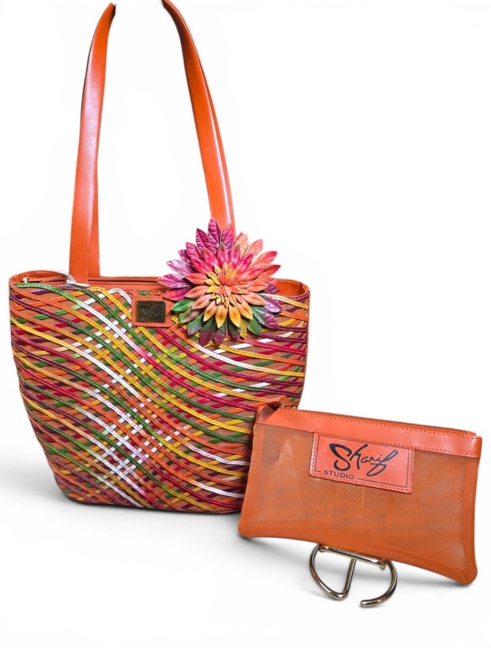 Sharif NWOT 2 Piece Set, Multicolor Woven Tote w/ Flower Accent & Orange Pouch